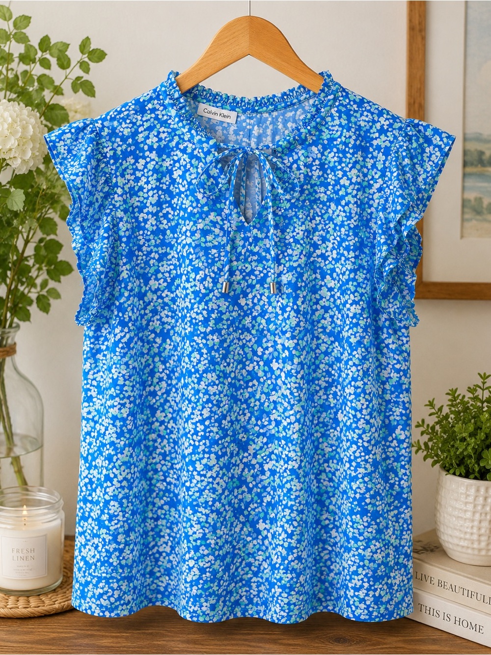 Calvin Klein Women's Blue Floral Flutter Sleeve Blouse Top XS Lightweight